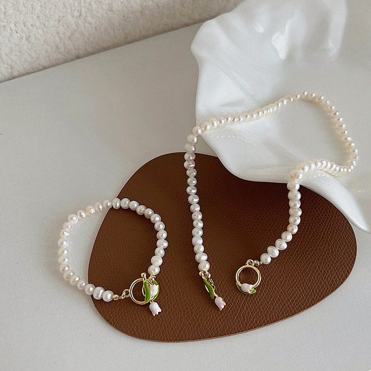 Chic Enamel Tulip Pearl Chain Choker Necklace Bracelet Set - mkkawaiishop