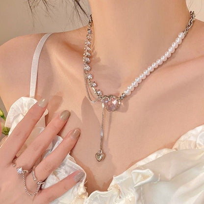 Pink Heart Pearl Chain Necklace - Lovesickdoe Lovesickdoe