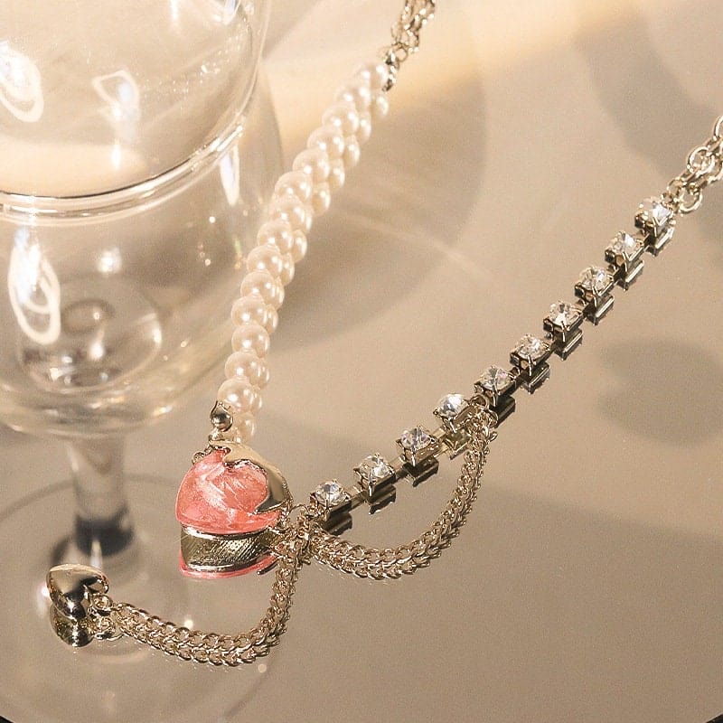 Pink Heart Pearl Chain Necklace - Lovesickdoe