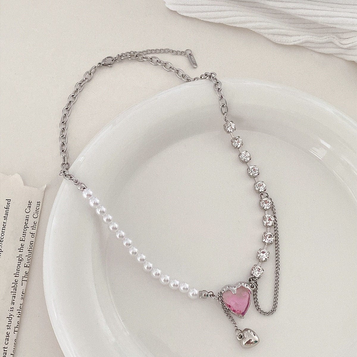 Pink Heart Pearl Chain Necklace - Lovesickdoe