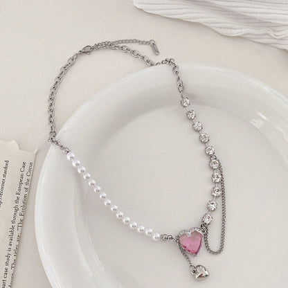 Pink Heart Pearl Chain Necklace - Lovesickdoe Lovesickdoe