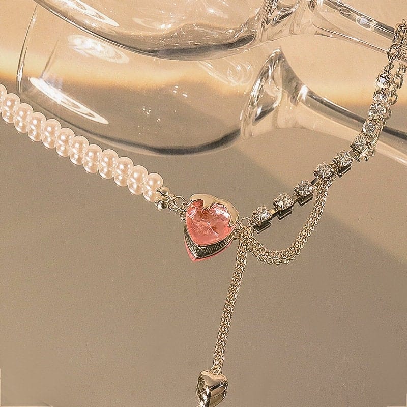 Pink Heart Pearl Chain Necklace - Lovesickdoe Lovesickdoe