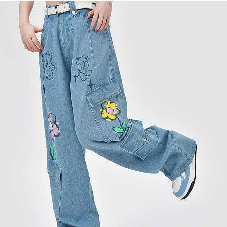 Y2K Style Denim Baggy Blue Bear Pants ON625 MK Kawaii Store