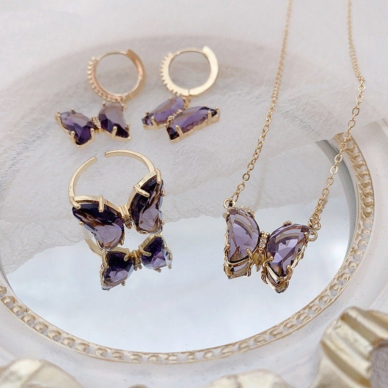 Dainty CZ Inlaid Crystal Butterfly Necklace Earrings Ring Set LIN68 - mkkawaiishop