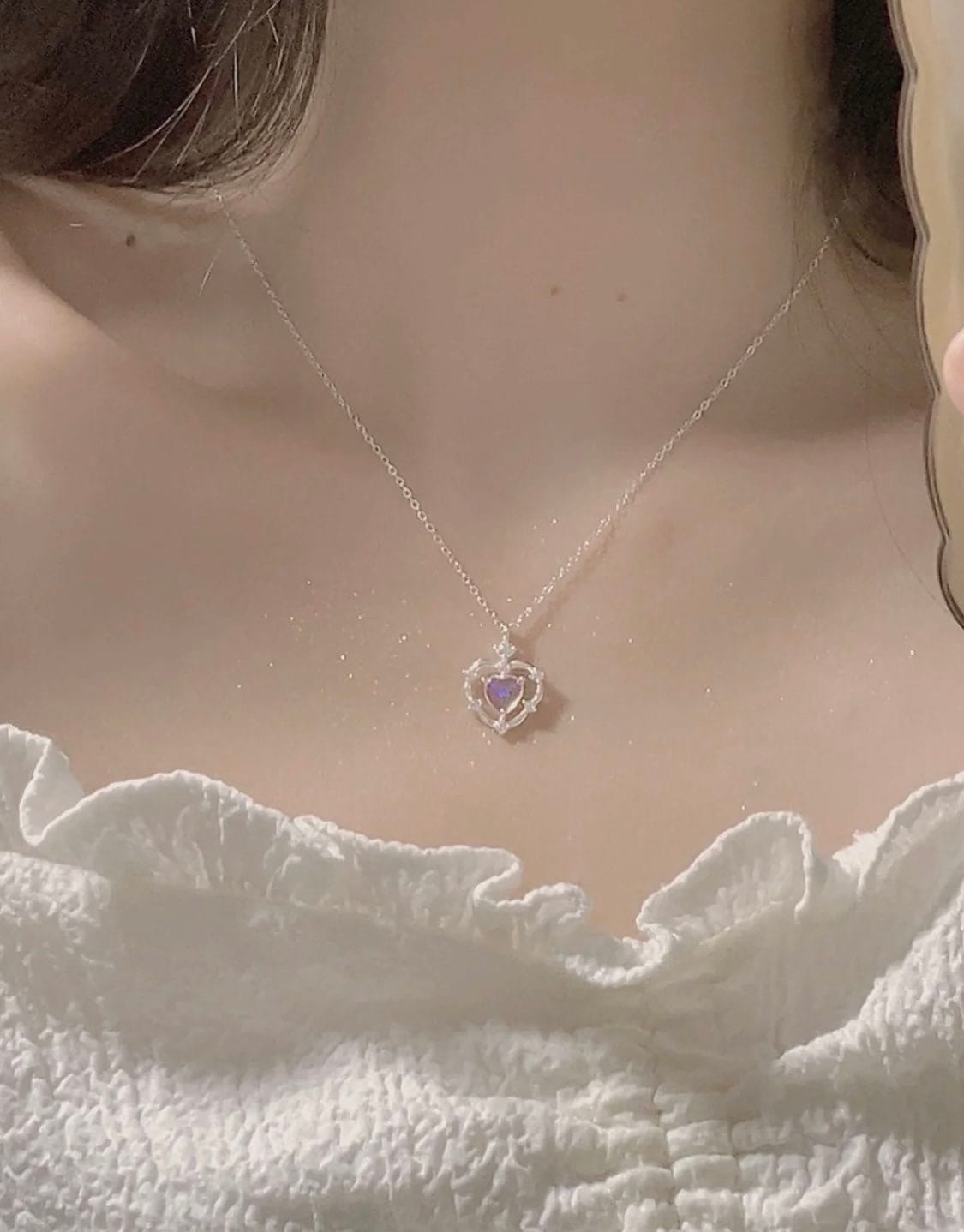 Dainty CZ Inlaid Opal Heart Pendant Choker Necklace MK Kawaii Store