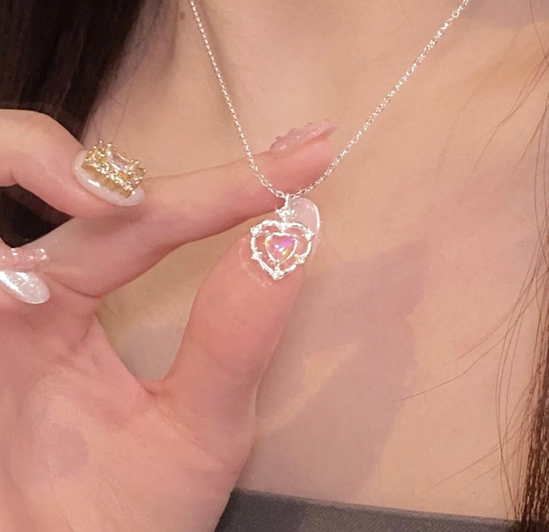 Dainty CZ Inlaid Opal Heart Pendant Choker Necklace