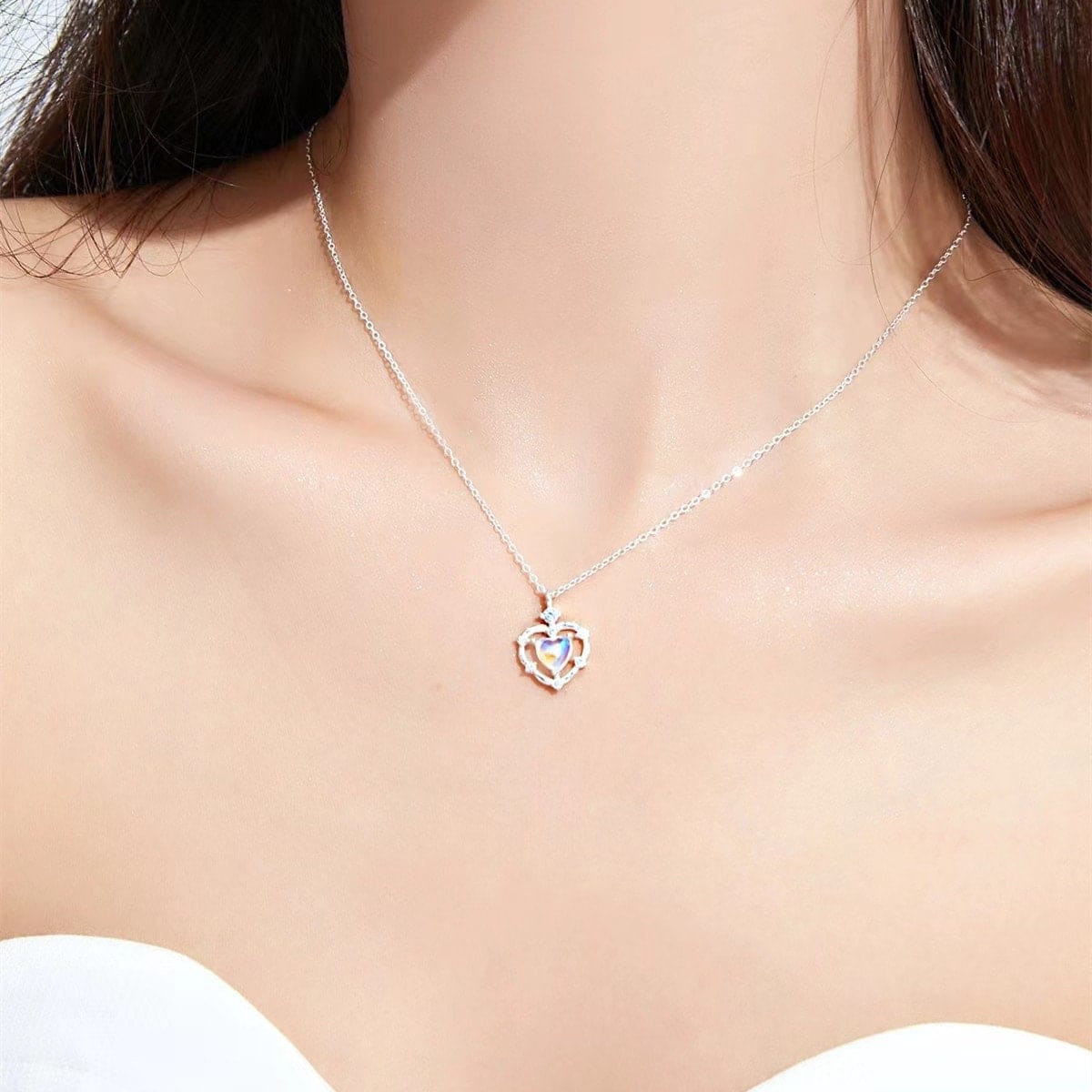 Dainty CZ Inlaid Opal Heart Pendant Choker Necklace