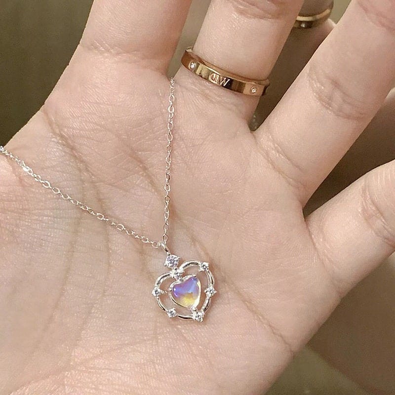 Dainty CZ Inlaid Opal Heart Pendant Choker Necklace MK Kawaii Store