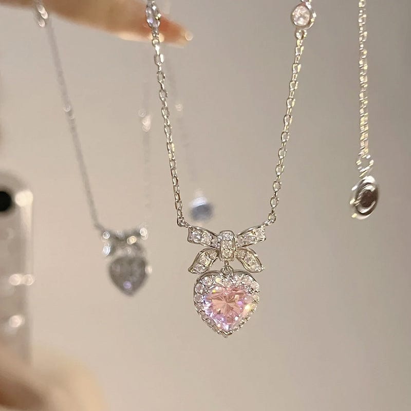 Pink Bowknot Heart Necklace