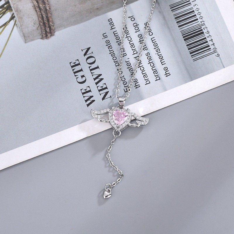Pink Crystal Cupid Heart Wings Necklace MK18405 MK Kawaii Store