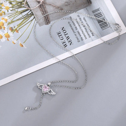 Pink Crystal Cupid Heart Wings Necklace MK18405 MK Kawaii Store