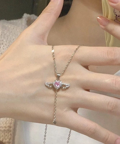 Pink Crystal Cupid Heart Wings Necklace MK18405 MK Kawaii Store