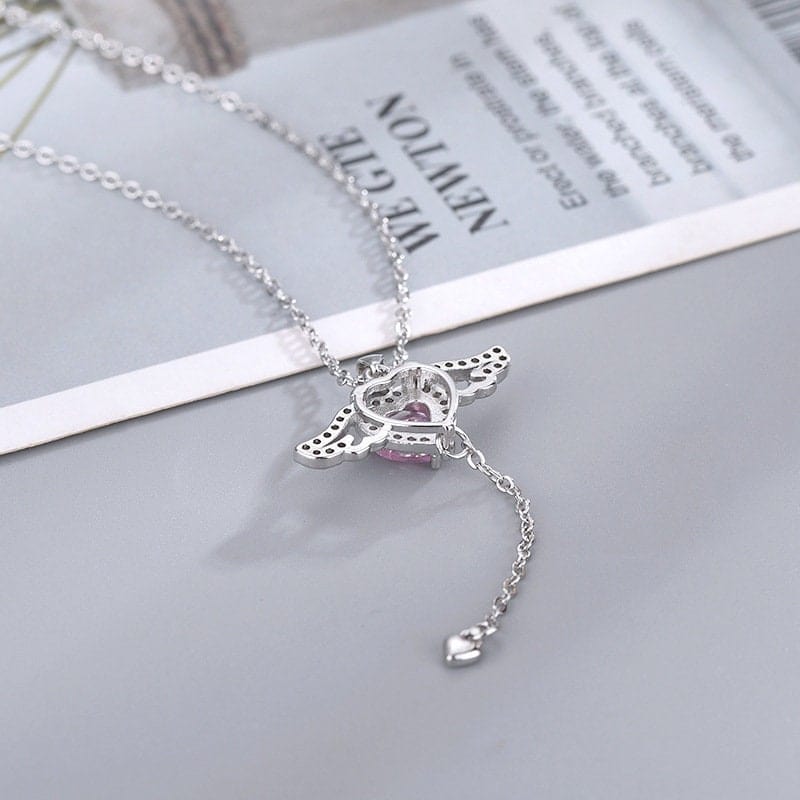 Pink Crystal Cupid Heart Wings Necklace MK18405 MK Kawaii Store