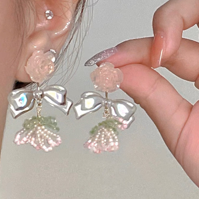 Rose Flower Bow Earrings - Heartzore MK Kawaii Store