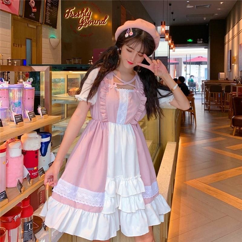 Eli Blossom Pink Frilly Short Sleeve Kawaii Princess Lolita Dress - mkkawaiishop