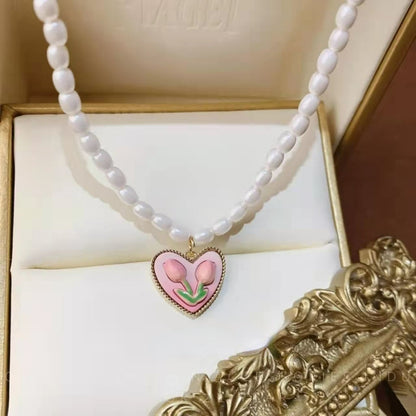 Pearl tulip heart temperament clavicle chain earrings MK Kawaii Store