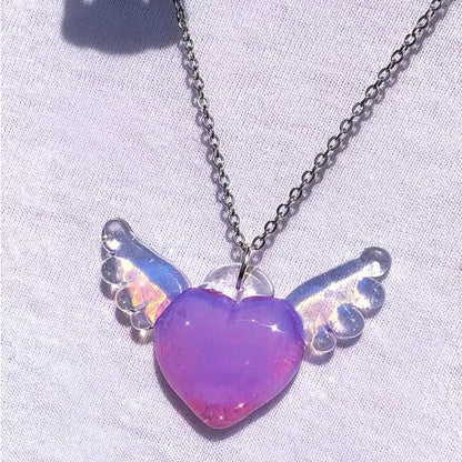 Pretty Pink Angel Heart with Wings Necklace Glass - Heartzcore Heartzcore