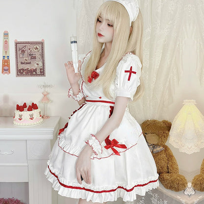 Anna White Red Nurse Maid Dress ON651 MK Kawaii Store