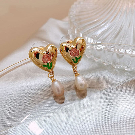 French Tulip Love-Heart Pearl Earrings MK18959