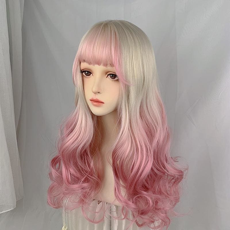Kawaii Cute Platinum Gradient Pink Long Curly Lolita Wig MK16753 - mkkawaiishop