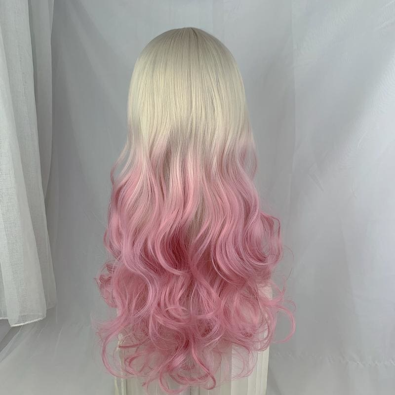 Kawaii Cute Platinum Gradient Pink Long Curly Lolita Wig MK16753 - mkkawaiishop