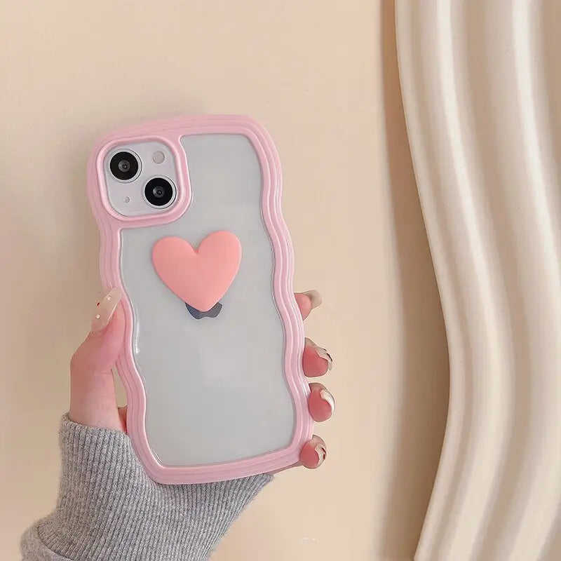 Korean Aesthetic Love Heart Wave Phone Case For iPhone 13 12 11 Pro XS Max X XR Simple Cute Clear Soft Silicone W493 MK Kawaii Store