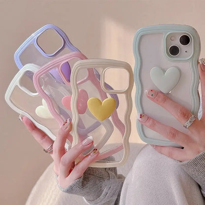 Korean Aesthetic Love Heart Wave Phone Case For iPhone 13 12 11 Pro XS Max X XR Simple Cute Clear Soft Silicone W493 MK Kawaii Store