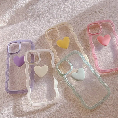 Korean Aesthetic Love Heart Wave Phone Case For iPhone 13 12 11 Pro XS Max X XR Simple Cute Clear Soft Silicone W493 MK Kawaii Store