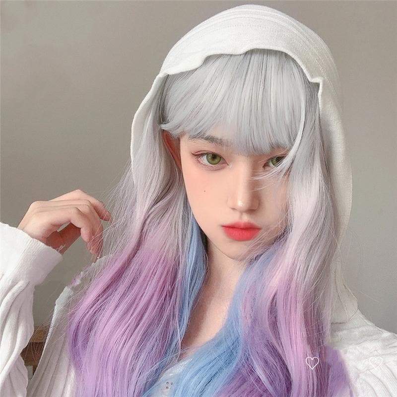 Kawaii 3 Colors eGirl Lolita Purple White Blue Gradient Big Wavy Long Curly Wig MM1664 - mkkawaiishop