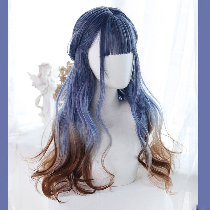 Harajuku Lolita Blue Brown Gradient Long Curly Wig MM2221 - mkkawaiishop