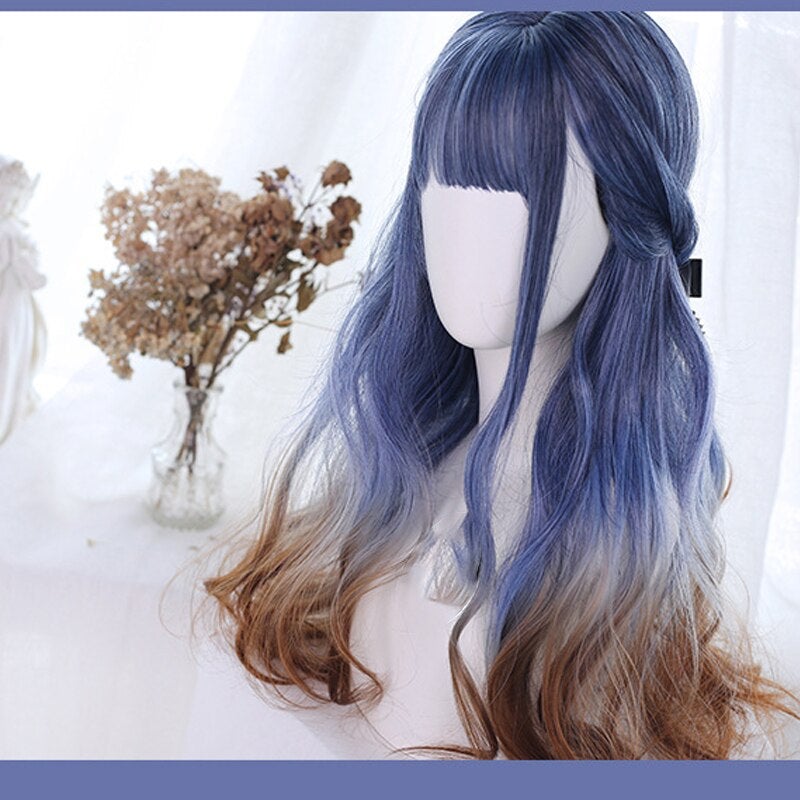 Harajuku Lolita Blue Brown Gradient Long Curly Wig MM2221 - mkkawaiishop